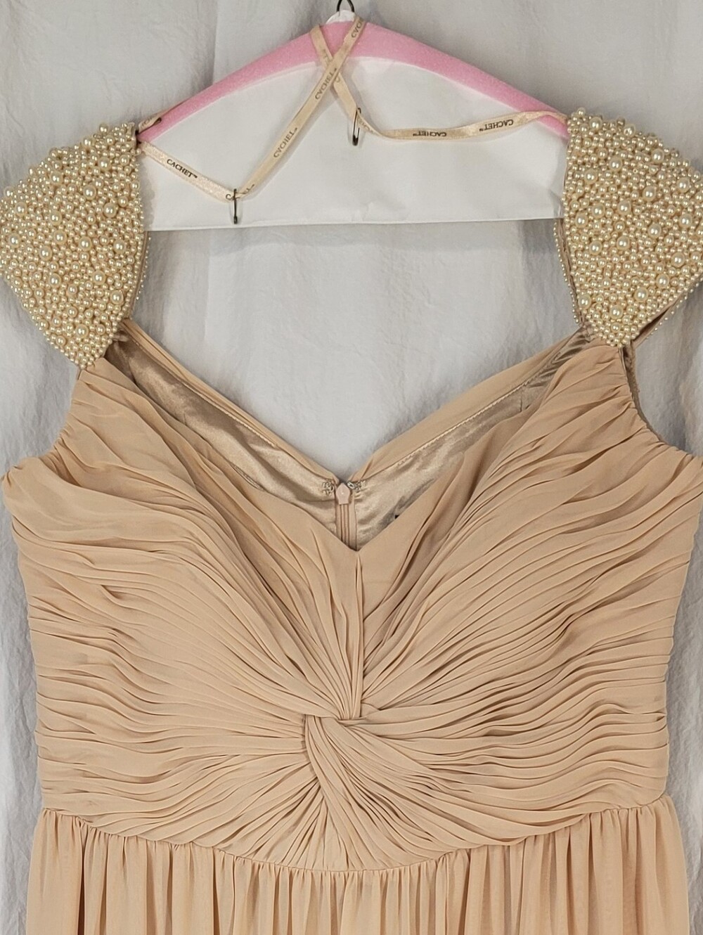 Cache Beaded-Shoulder Chiffon Maxi Dress in Nude Champagne Cream